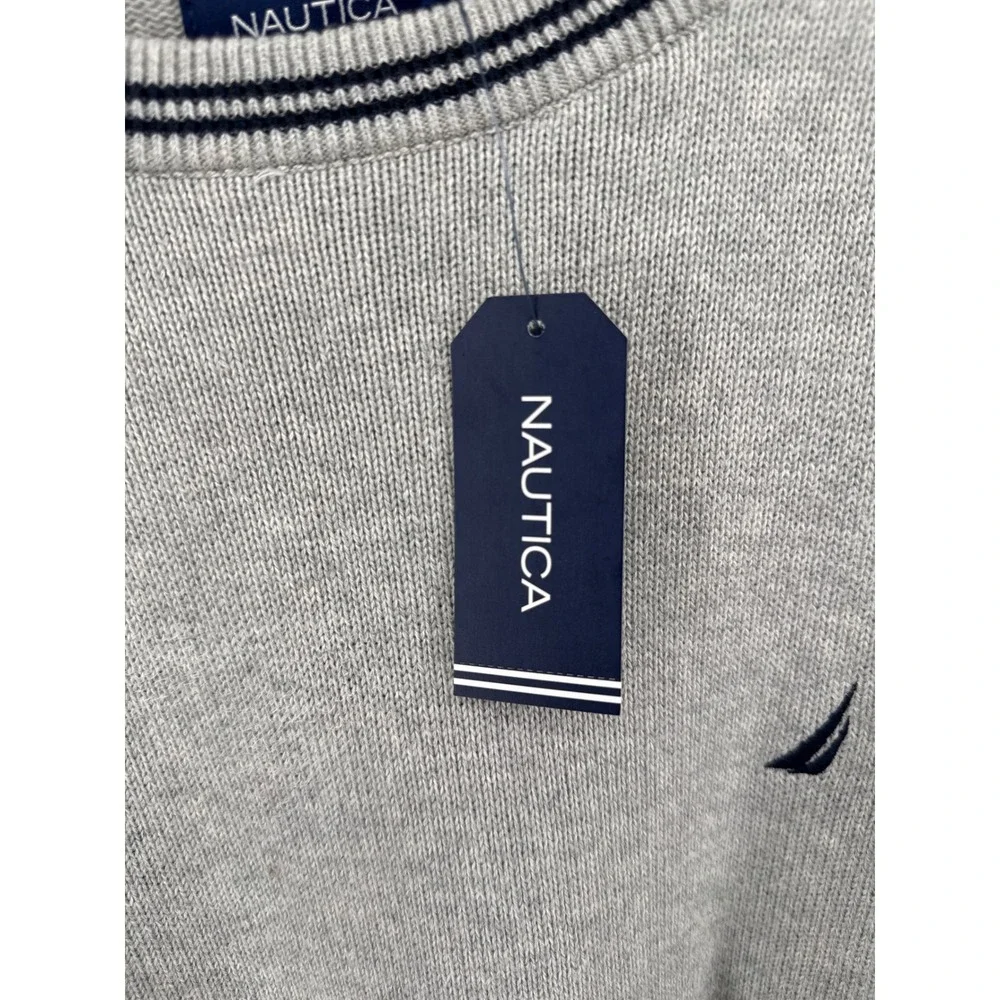 Nautica Mens XL Heather Grey Striped Crewneck Knit Sweater NWT S2711D